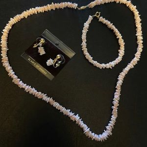 Puka Shells Vintage Blairs Of Hawaii Lei Necklace, Bracelet, Earrings Light Pink